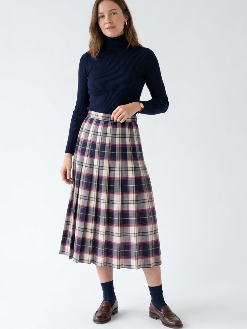 VTG Aljean 100% Wool Pleated Plaid Midi Skirt Pink Navy Cream Made in Canada 10